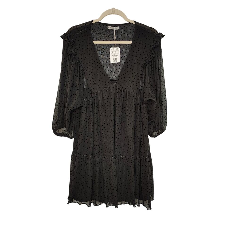 New Stradivarius Womens Small Dress Black Stars Goth Grunge Emo Mesh Sheer - Picture 5 of 13